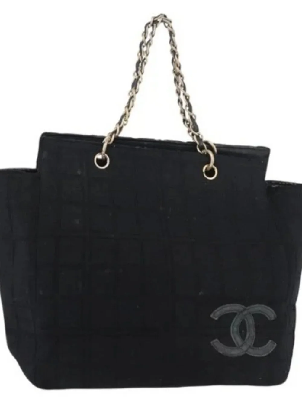 CHANEL Chain Hand Bag Cotton Black Gold CC Auth bs23972